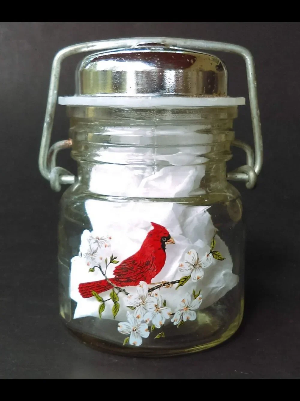 Mini Wire Bale-Top Jar Shaker Metal Top with Painted Cardinal West Virginia